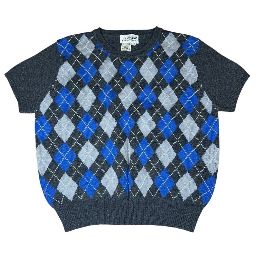 Vintage Casual Connection Lambswool Gray Blue Argyle Sweater Short Sleeve Size L